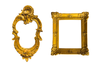 Vintage picture frame set. Ornate, classic designs in gold and yellow, baroque-style rectangular and oval shapes for displaying artwork, portraits in gallery. isolated on white background
