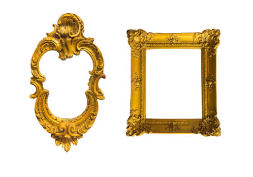 Vintage picture frame set. Ornate, classic designs in gold and yellow, baroque-style rectangular and oval shapes for displaying artwork, portraits in gallery. isolated on white background