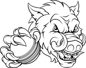 A wild boar, hog razorback warthog pig mean tough cartoon sports mascot holding a cricket ball