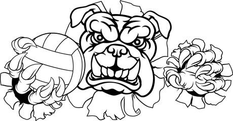 A bulldog dog volleyball animal sports mascot holding a volley ball in his claw