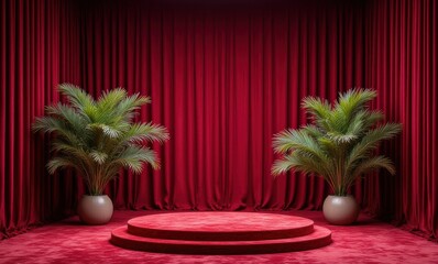 Elegant stage with red curtains and plants
