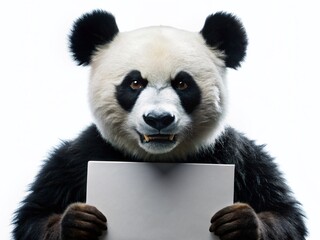 Fototapeta premium Cute Angry Panda Silhouette Holding Sign, White Background Stock Photo