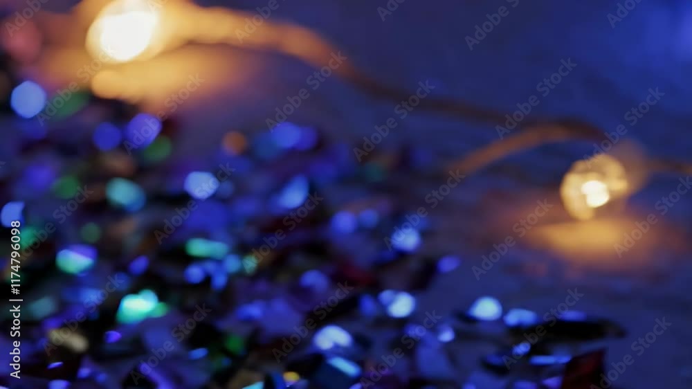 Poster defocused glowing string lights and colorful confetti creating a festive ambiance