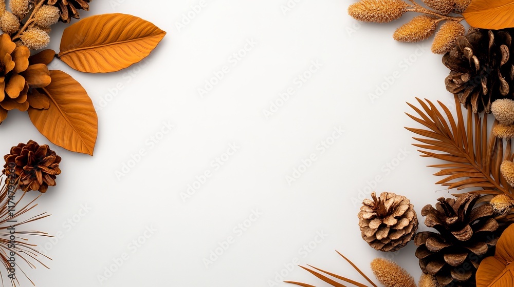 Poster autumnal border: a warm and inviting frame of fall leaves and pine cones, perfect for adding a touch