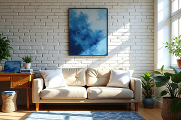 Bright living room with white brick wall, beige sofa, blue abstract painting, plants, wooden desk, laptop, natural light.