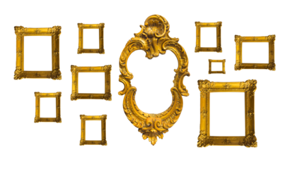 Vintage frame arrangement set. Classic baroque style frames in gold, rectangular, square, and oval shapes. Ornate layout for gallery displays in a traditional interior isolated on white background.