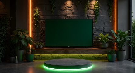 Modern Living Room with Green Screen TV and Illuminated Display Stand
