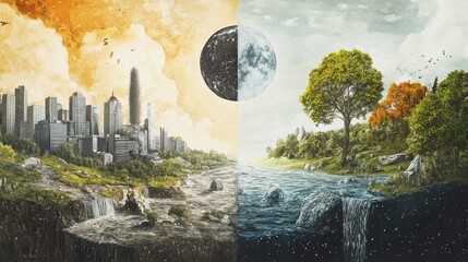 Sustainability concepts are artistically illustrated through a before-and-after lens, focusing on their societal impact and innovation