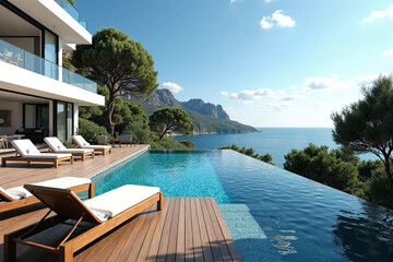 Fototapeta premium Photograph of a luxurious, modern villa with a private infinity pool, overlooking a scenic coastal landscape and clear blue sky.