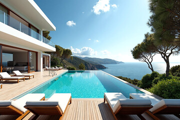 Fototapeta premium Photograph of a luxurious, modern villa with a private infinity pool, overlooking a scenic coastal landscape and clear blue sky.