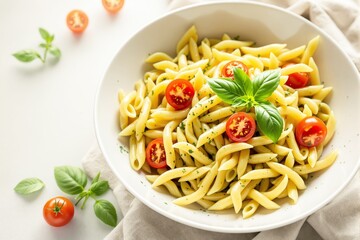 A bowl of pasta garnished with cherry tomatoes, basil leaves, and herbs on a light background. Aesthetic food presentation concept. Ai generative