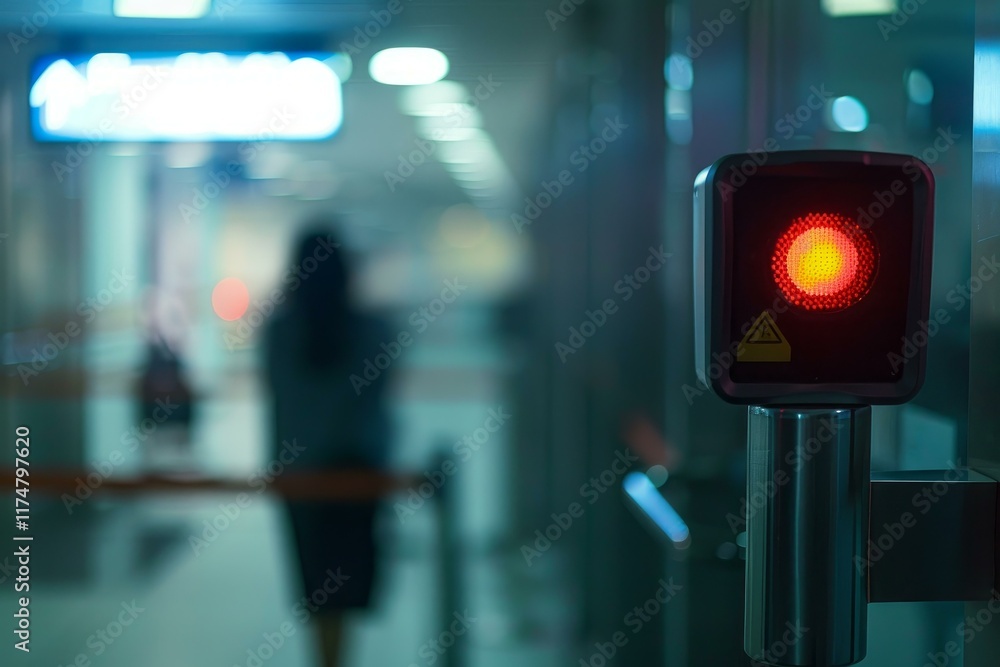 Poster red warning light is flashing on a security gate preventing a businesswoman from entering a restrict
