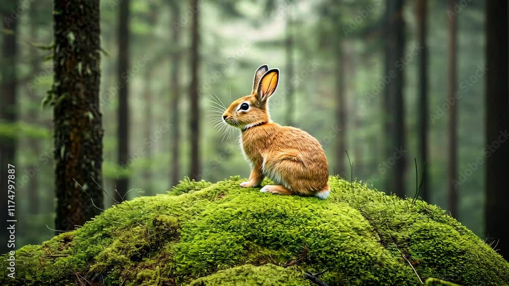 Poster brown rabbit sitting on green moss in a serene forest during daylight, surrounded by tall trees and 
