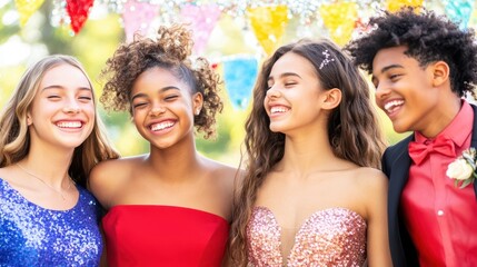 Prom Night Celebration: A group of diverse high school students, dressed in formal attire, radiate joy and excitement at a prom night celebration.