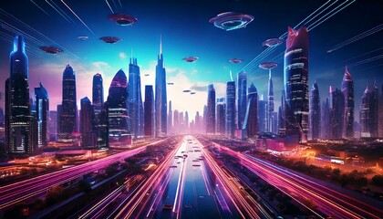 Fototapeta premium cityscape with glowing skyscrapers