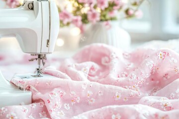 White Sewing Machine Stitching Pink Floral Fabric