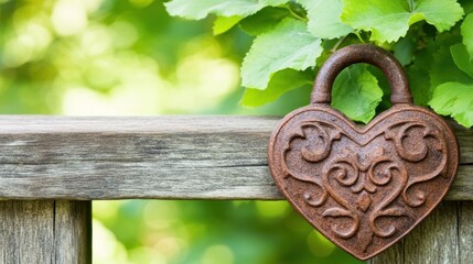 Heartfelt Love Lock: A rustic heart-shaped padlock hangs on a weathered wooden fence, nestled in a backdrop of verdant greenery.