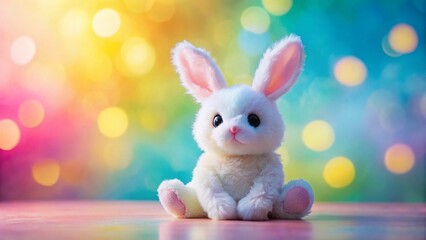 Obraz premium Cute White Bunny Toy Pastel Background - Pink, Blue, Yellow Childrens Photography