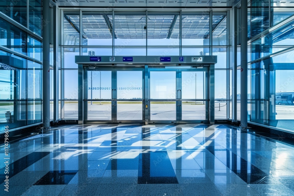 Poster sunlight shining through large windows in an empty airport terminal