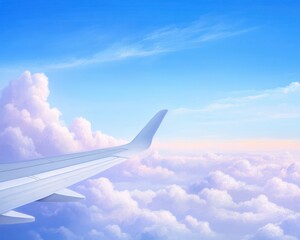 Obraz premium Serene aerial view of airplane wing over lush clouds a journey of digital art and travel inspiration