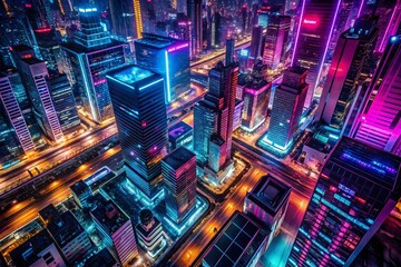 Obraz premium Cyberpunk Cityscape: Reflective Eye with Neon Geometry - Drone Shot
