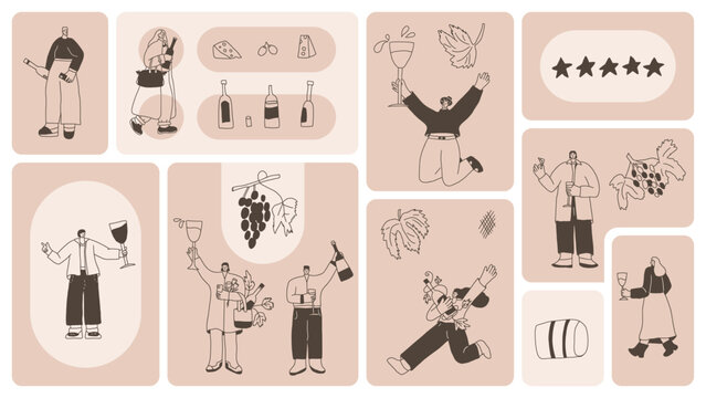 Wine drink people on bento grid box background. Tasting event on modular mosaic grid. Party with alcohol drinks. Women and men with wineglasses visit a vineyard. Geometric vector doodle illustration.