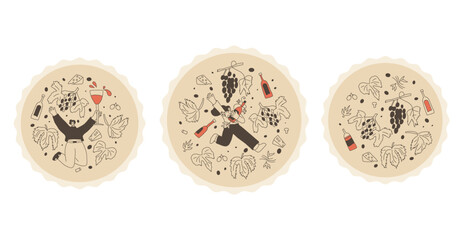 Wine club emblems set. Woman with wine bottle on round stamp. Tasting event circular perforated edges label. Party with alcohol drinks. Person visit a vineyard. Vector hand drawn doodle illustration.