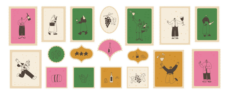 Wine club on postal stamps set. Tasting event square zigzag edges emblem. Party with alcohol drinks.People with wineglasses and bottles visit a vineyard. Vector hand drawn doodle illustration.