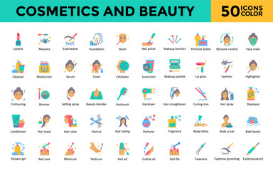 Cosmetics and Beauty icons set with lipstick, mascara, eyeshadow, foundation, blush, nail polish, makeup brushes, perfume bottle, skincare routine, face mask icon. Simple flat color vector 
