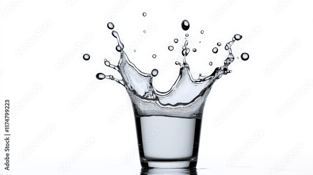 Poster water splash in a glass: a captivating close-up of a water splash in a glass, frozen in time, creati