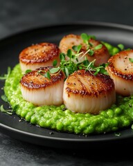 Grilled scallops served on a vibrant green pea puree, garnished with microgreens.