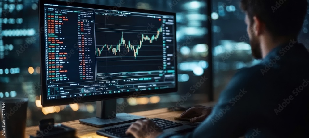 Poster Stock of forex trader watch market statistic on computer screen. Generative AI technology.