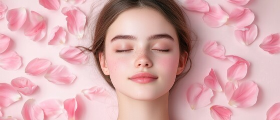 A woman is laying on a bed with pink flowers around her