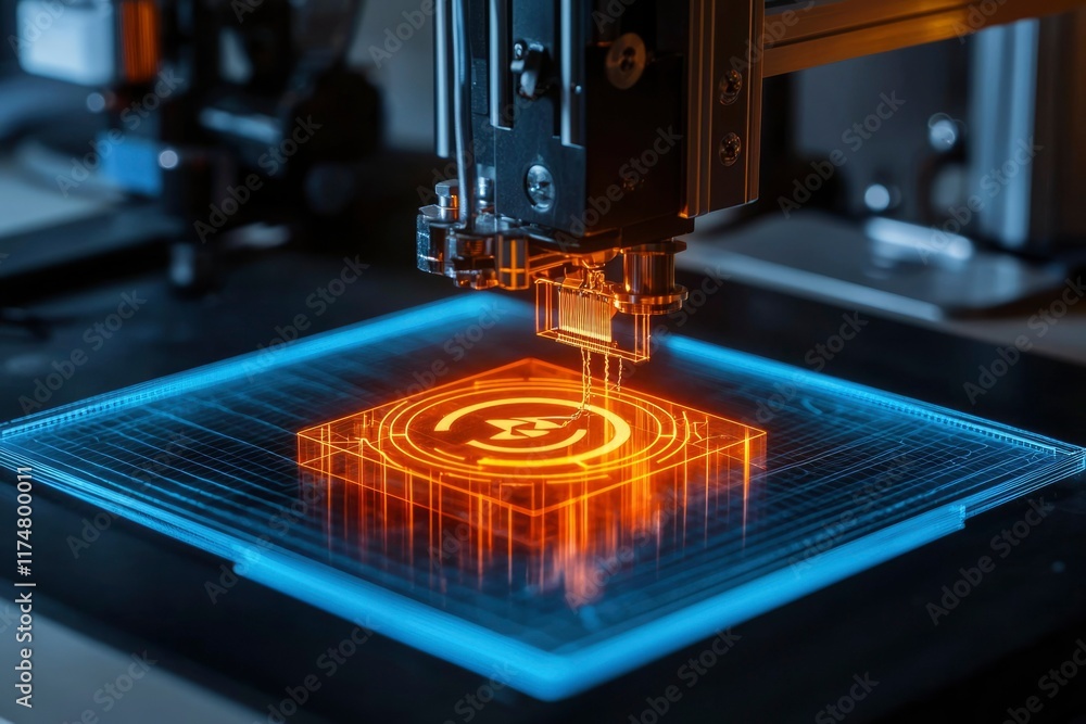 Poster advanced 3d printer creating futuristic digital icon