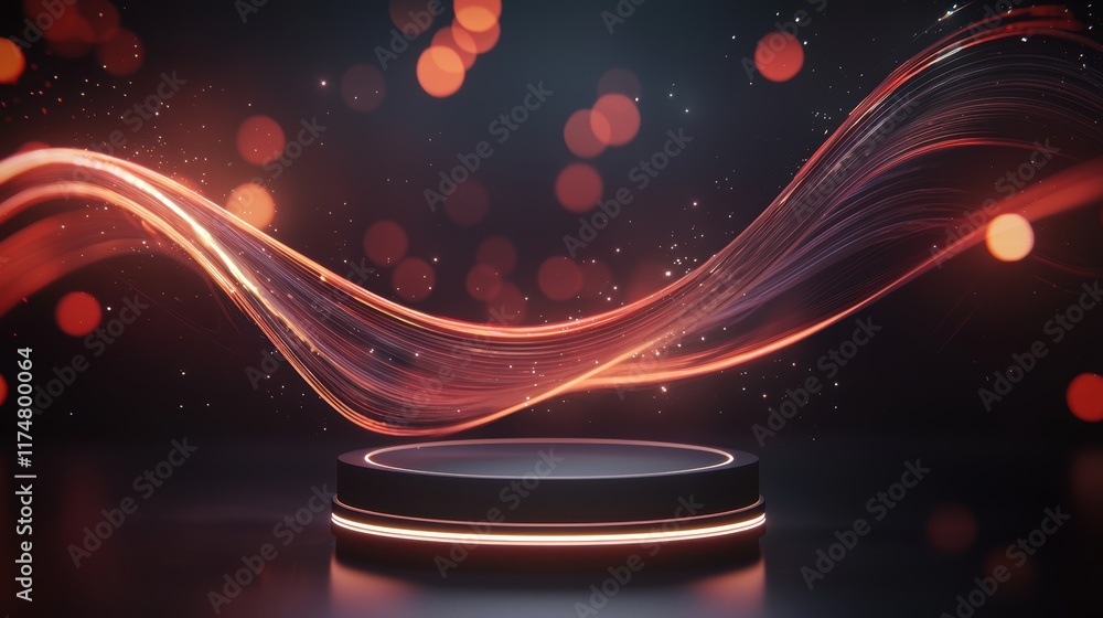 Poster elegant dark futuristic podium with dynamic light waves in a modern setting