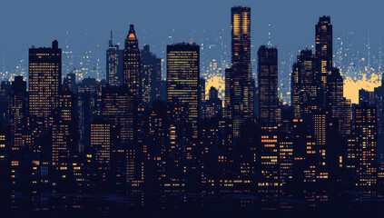 Obraz premium Night cityscape panorama with illuminated skyscrapers and fireworks.