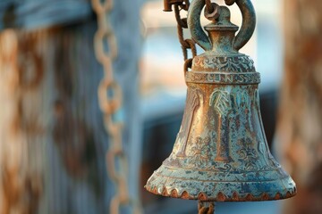 Fototapeta premium Old weathered green metal bell with ornate carvings is hanging on a rusty chain