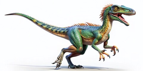 Obraz premium Deinonychus Dinosaur 3D Render, Cretaceous Theropod, White Background, Rule of Thirds Composition