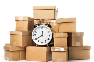 Alarm clock is sitting on a stack of cardboard boxes, emphasizing the importance of timely delivery