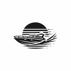 A stylized black and white illustration of a motor yacht sailing through the water at sunset.