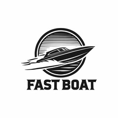A bold, black and white graphic design showcasing a speedboat in motion.