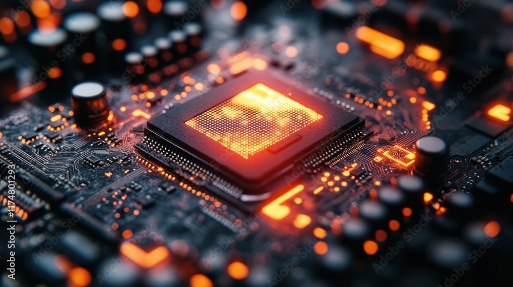 Poster close-up of illuminated microchip on circuit board