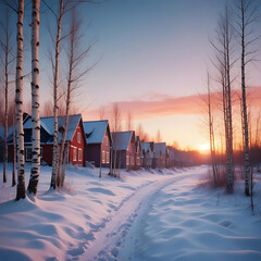 Winter sunset in the village 