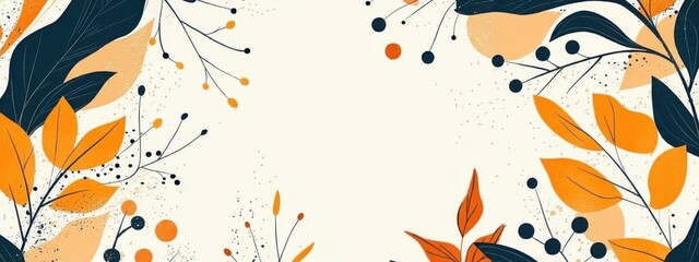 Autumn foliage illustration, minimal flat design, navy blue and orange leaves, abstract floral elements, beige textured background, botanical pattern, stylized nature, vector graphic style, decorative