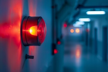 Red alarm light is flashing, signaling danger or an emergency in an empty industrial corridor