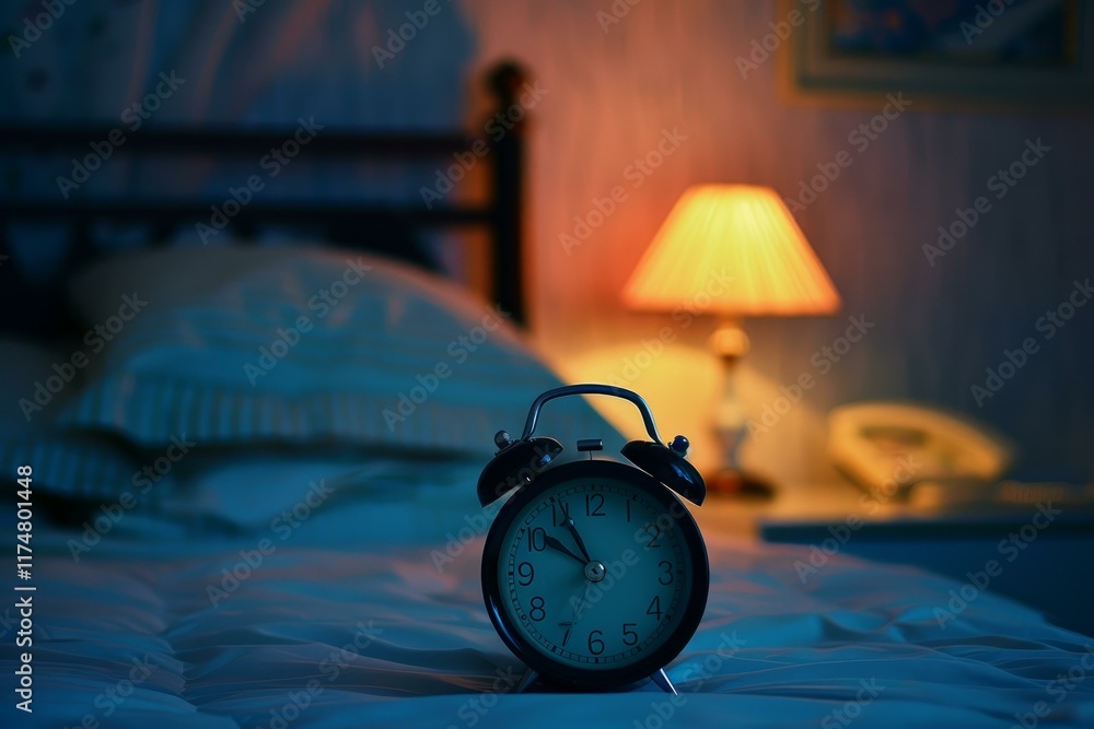 Poster retro alarm clock is showing midnight while standing on a bed with a lamp illuminating the room