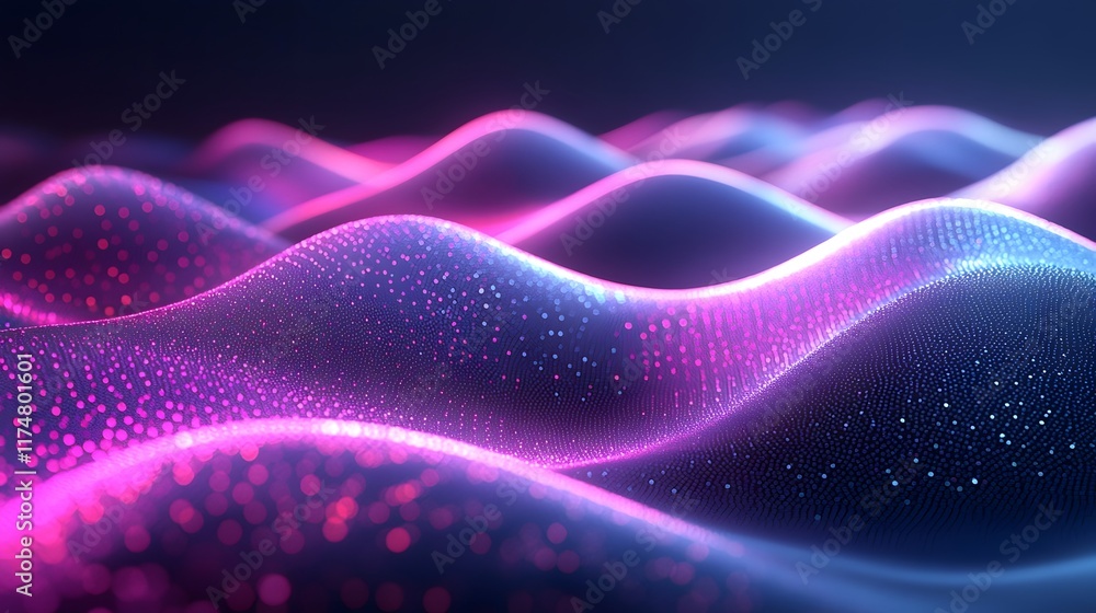 Poster mesmerizing digital landscape featuring dynamic pulsating waves of vibrant neon colors and shimmerin