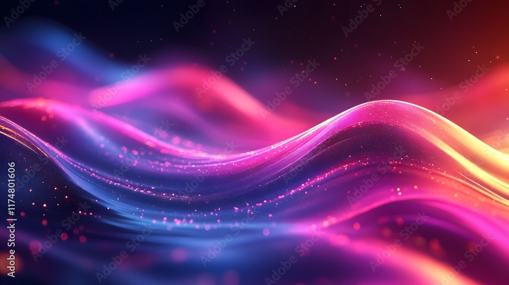Poster mesmerizing abstract digital wave of vibrant flowing lights and ethereal cosmic particles creating a