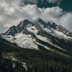 A dramatic scene of green forests giving way to rocky, snowy peaks.