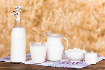 Gjug of milk, bottle of kefir, cottage cheese, cream and yogurt in bowl, cheese, butter in mow